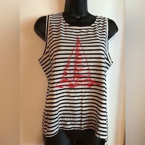 🩷 Embroidered Red Sailboat on Sleeveless Striped Top with Zipper back closure.